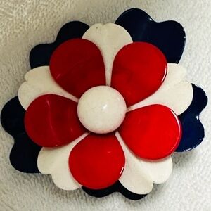 Vintage Red, White & Blue Enamel Flower Power Pin Brooch